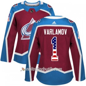 Dame Ishockey Colorado Avalanche Tröja Semyon Varlamov 1 Adidas 2017-2018 Burgundy Röd USA Flag Fashion Authentic